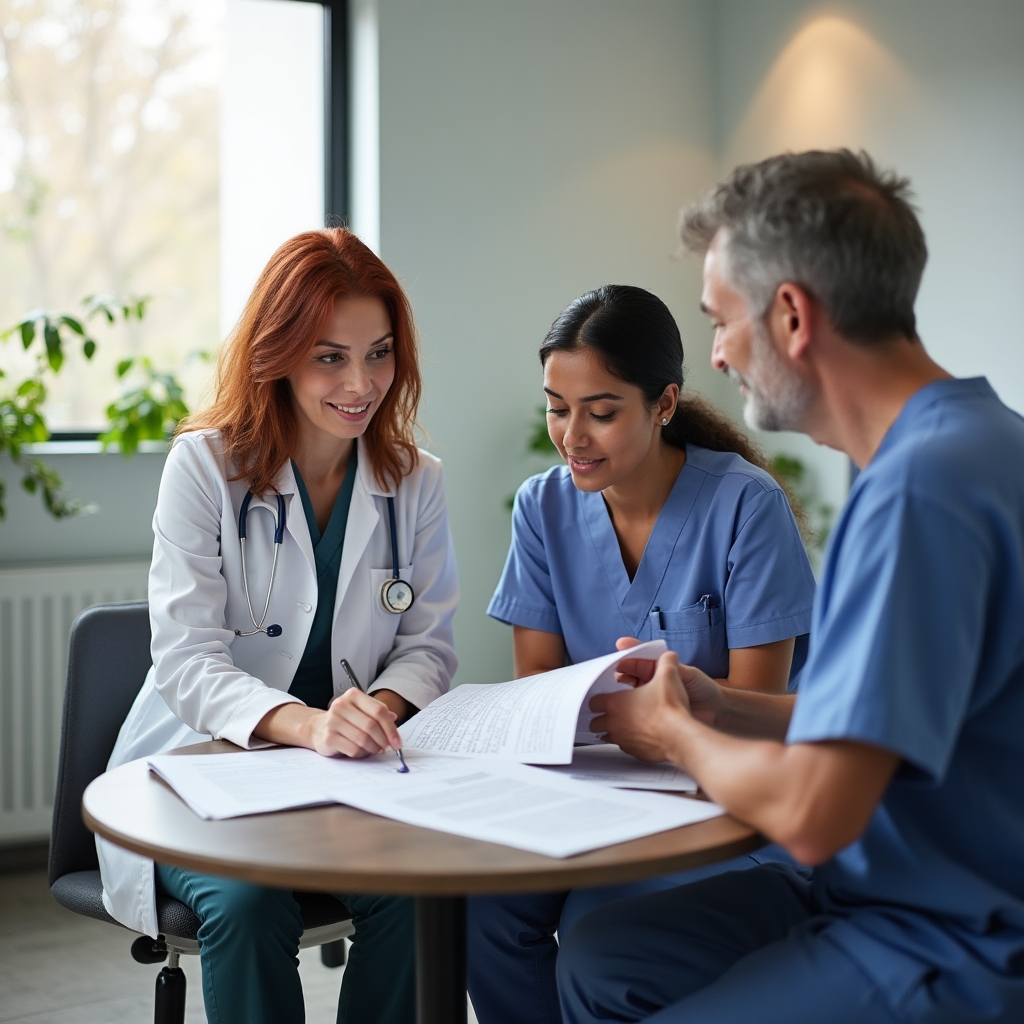 Echipă medicală discutând planificarea zilei de lucru