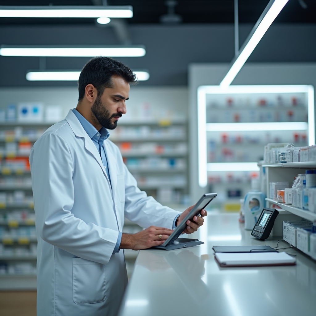 Farmacist cu birou organizat folosind instrumente digitale de planificare